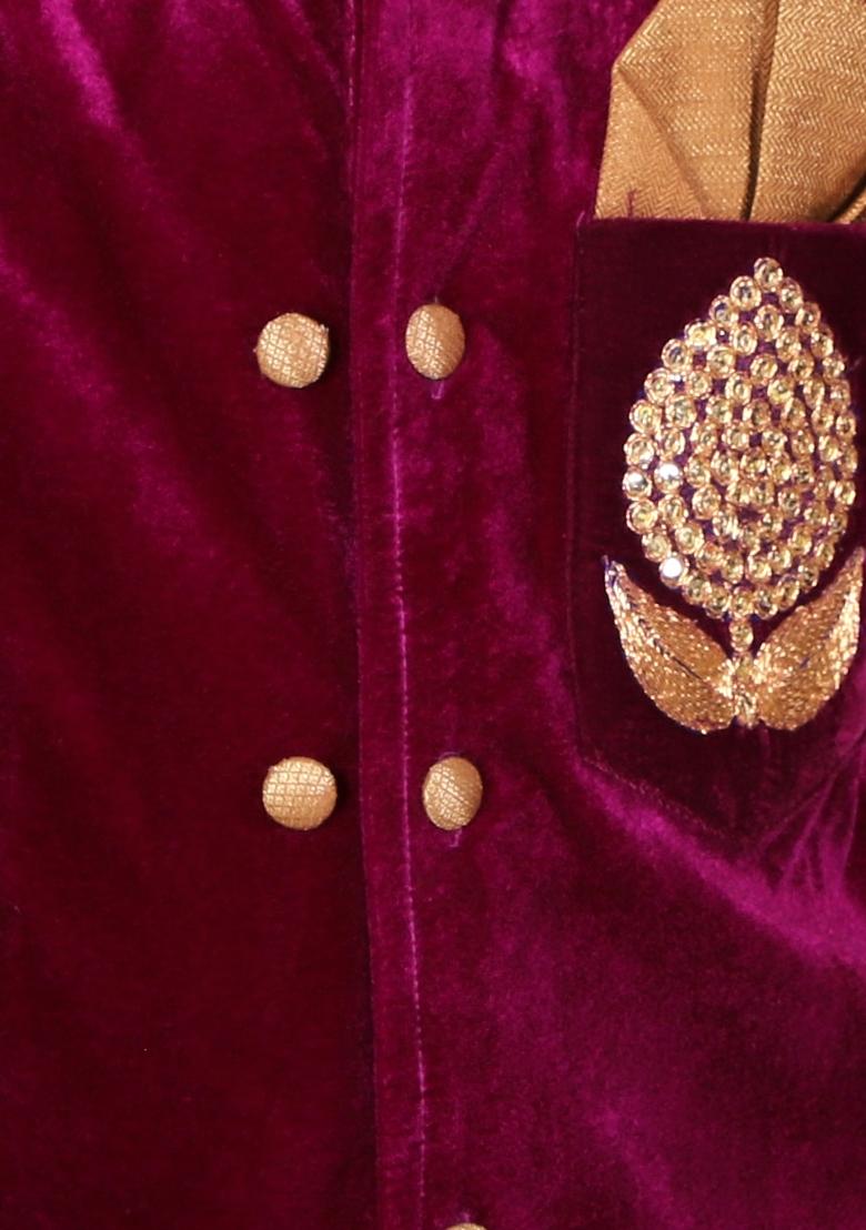 Purple Embroidered Velvet Bandhgala Shwerwani For Boys