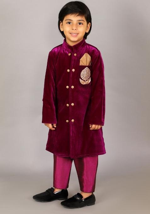 Purple Embroidered Velvet Bandhgala Shwerwani For Boys