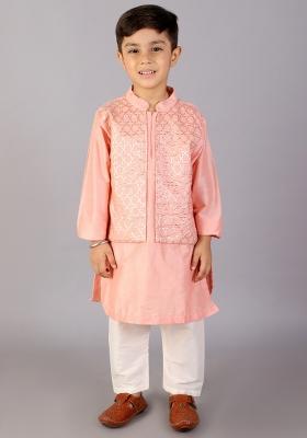 Peach Embroidered Cotton Silk Kurta Set For Boys