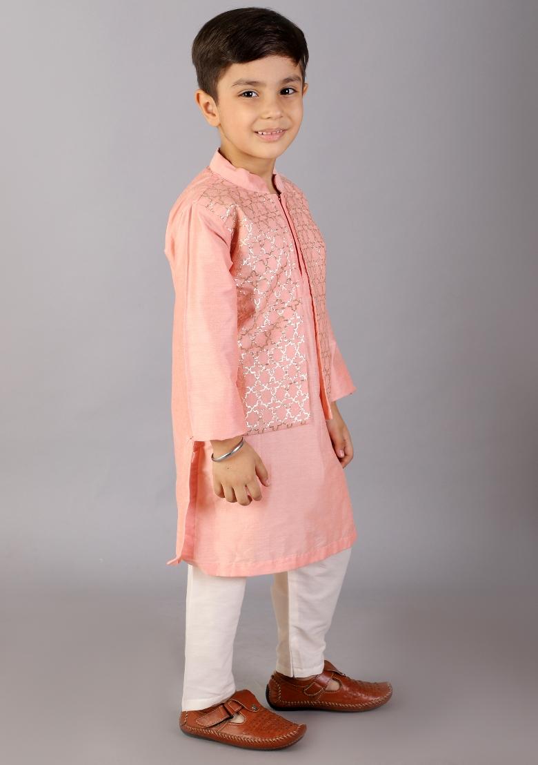 Peach Embroidered Cotton Silk Kurta Set For Boys