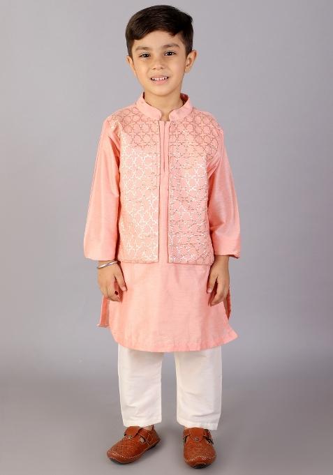 Peach Embroidered Cotton Silk Kurta Set For Boys