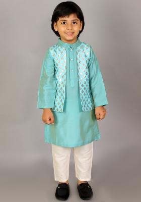Blue Embroidered Cotton Silk Kurta Set For Boys