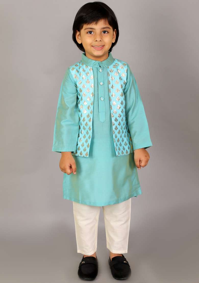 Blue Embroidered Cotton Silk Kurta Set For Boys - Indya