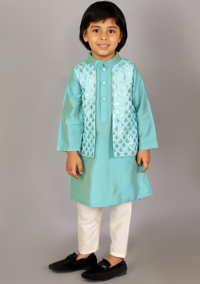 Blue Embroidered Cotton Silk Kurta Set For Boys