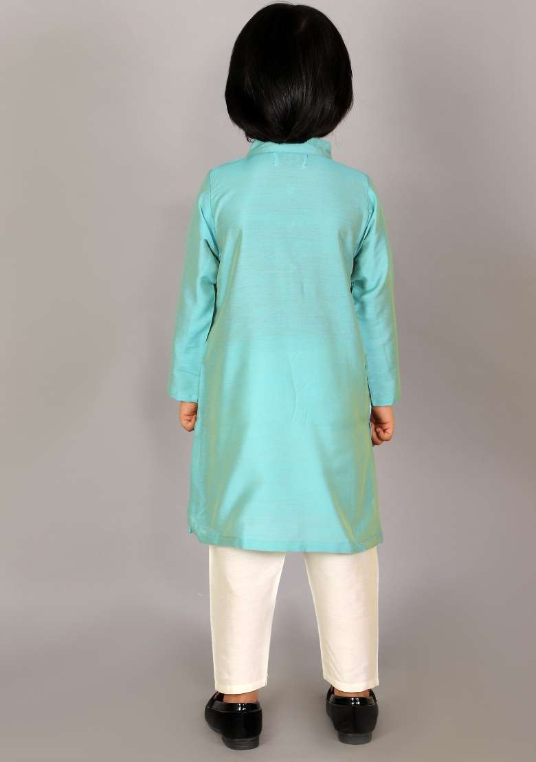Blue Embroidered Cotton Silk Kurta Set For Boys - Indya