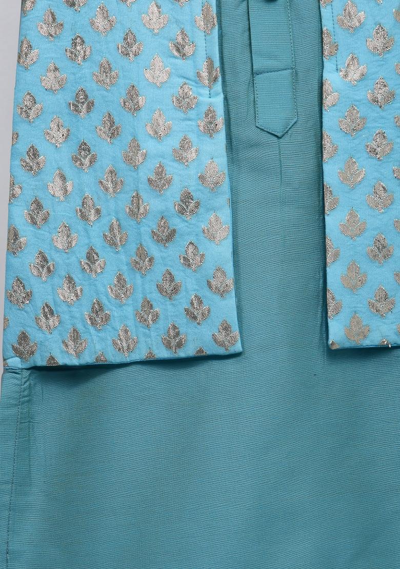Blue Embroidered Cotton Silk Kurta Set For Boys