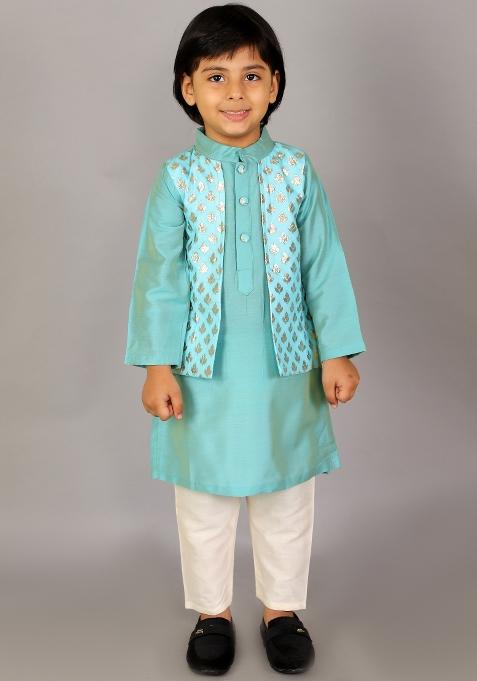 Blue Embroidered Cotton Silk Kurta Set For Boys