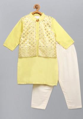 Lime Yellow Embroidered Cotton Silk Kurta Set For Boys