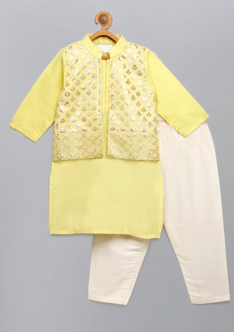 Lime Yellow Embroidered Cotton Silk Kurta Set For Boys