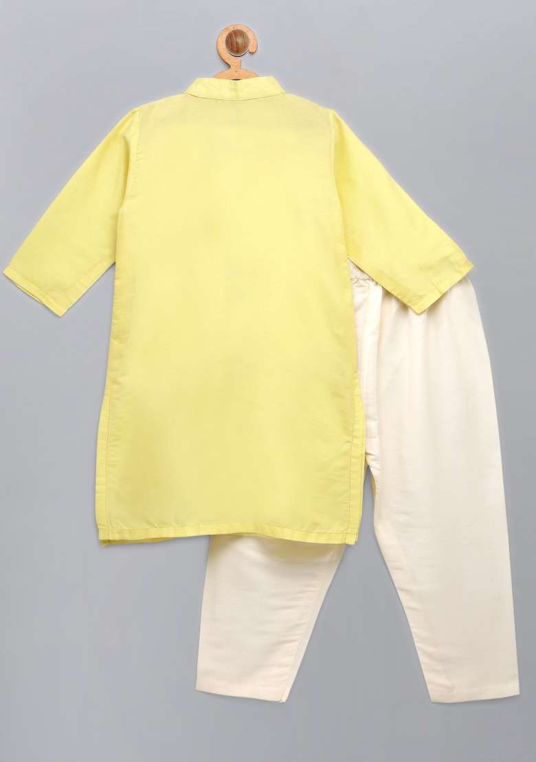 Lime Yellow Embroidered Cotton Silk Kurta Set For Boys - Indya
