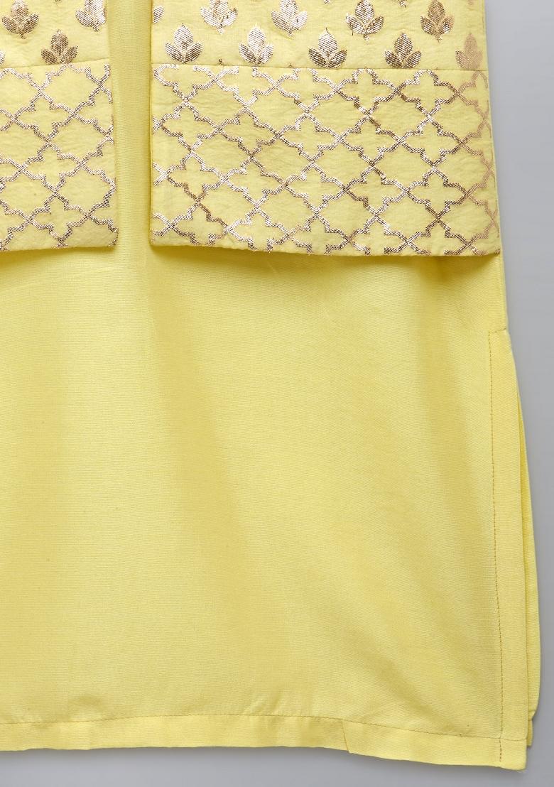 Lime Yellow Embroidered Cotton Silk Kurta Set For Boys