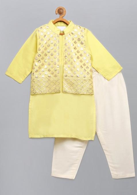 Lime Yellow Embroidered Cotton Silk Kurta Set For Boys