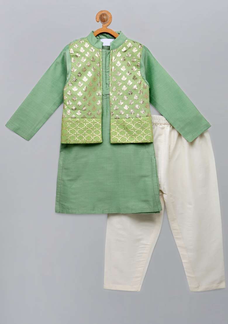 Pastel Green Embroidered Cotton Silk Kurta Set For Boys - Indya