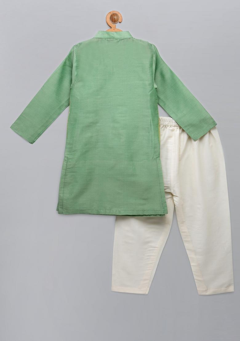 Pastel Green Embroidered Cotton Silk Kurta Set For Boys