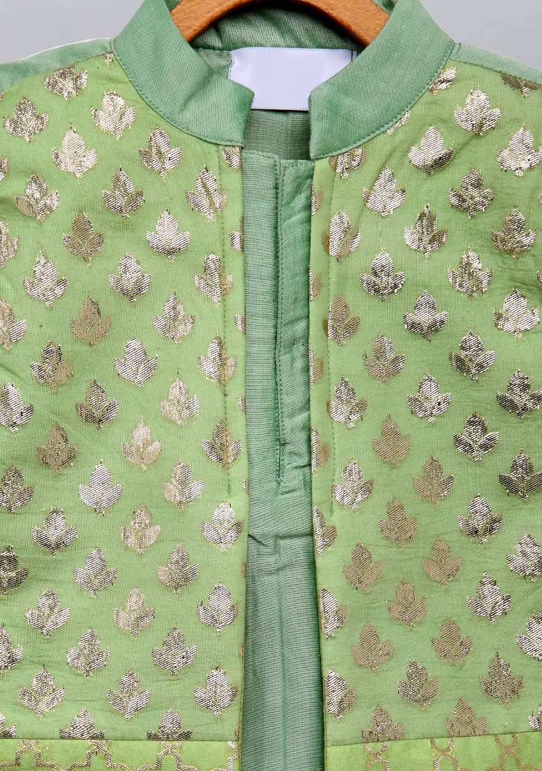 Pastel Green Embroidered Cotton Silk Kurta Set For Boys - Indya