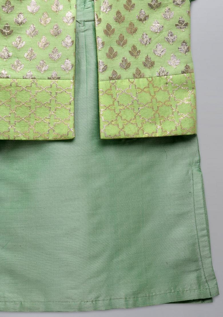 Pastel Green Embroidered Cotton Silk Kurta Set For Boys