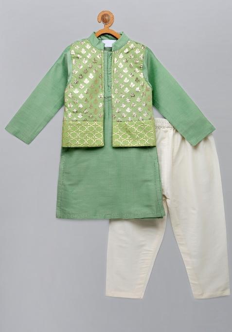 Pastel Green Embroidered Cotton Silk Kurta Set For Boys