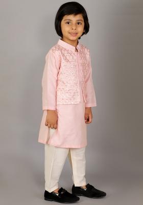 Pastel Pink Embroidered Cotton Silk Kurta Set For Boys