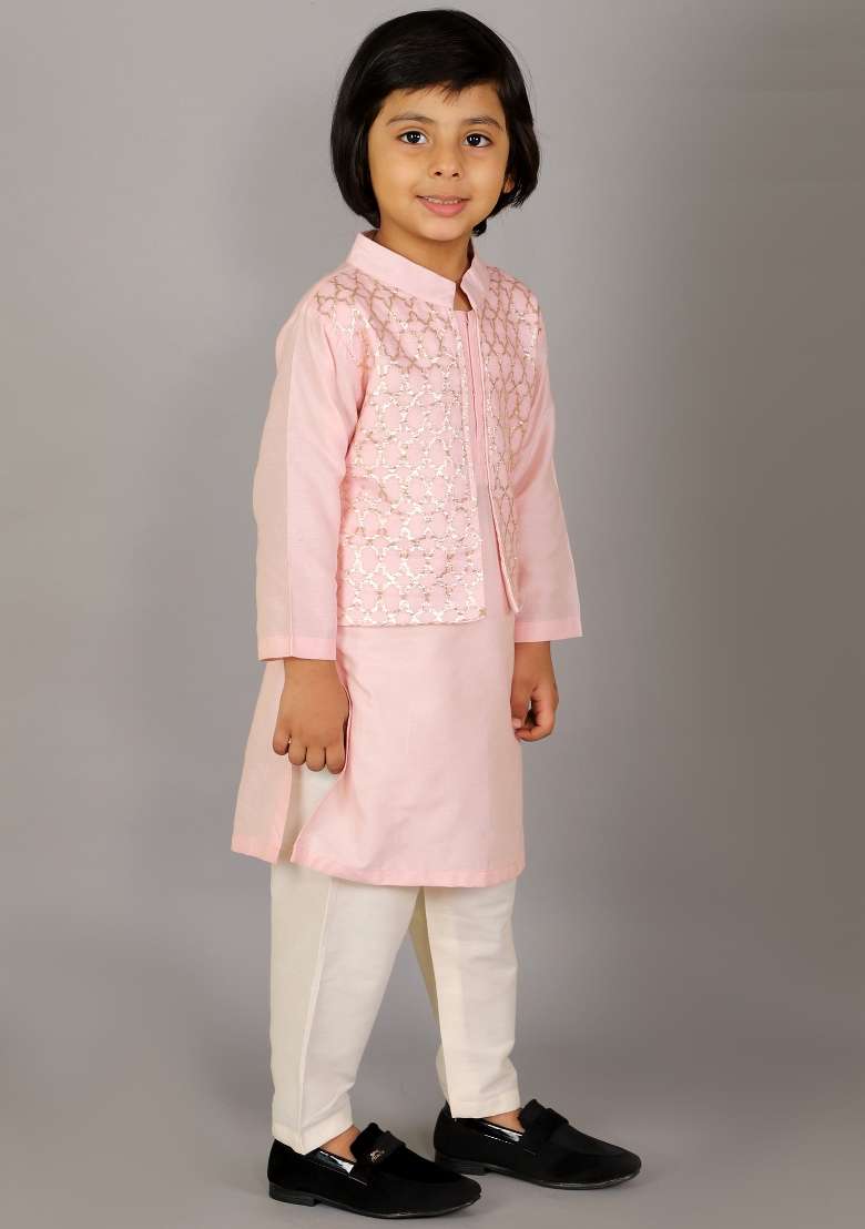 Pastel Pink Embroidered Cotton Silk Kurta Set For Boys - Indya