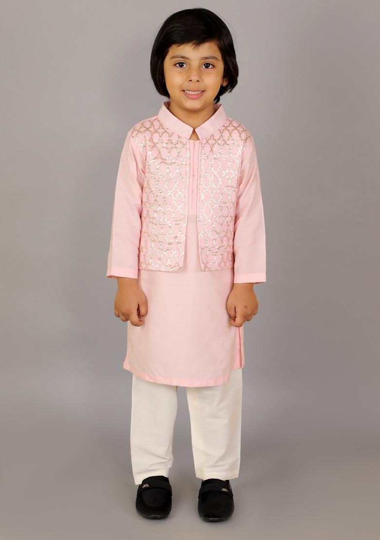 Pastel Pink Embroidered Cotton Silk Kurta Set For Boys