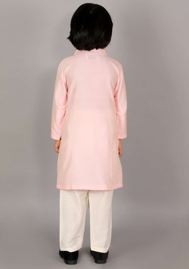Pastel Pink Embroidered Cotton Silk Kurta Set For Boys - Indya