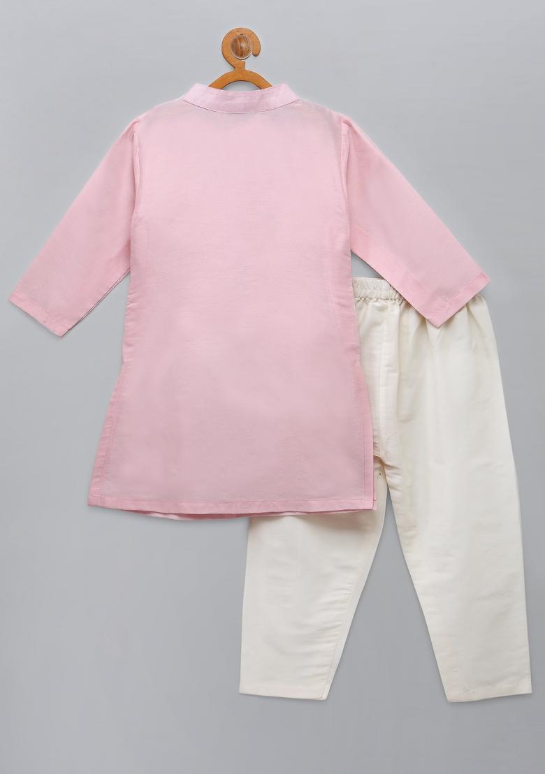 Pastel Pink Embroidered Cotton Silk Kurta Set For Boys