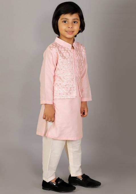 Pastel Pink Embroidered Cotton Silk Kurta Set For Boys