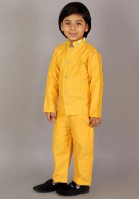 Yellow Embroidered Cotton Silk Bandhgala Sherwani For Boys