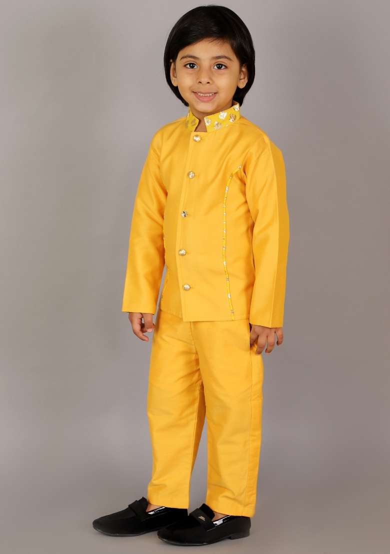 Yellow Embroidered Cotton Silk Bandhgala Sherwani For Boys - Indya