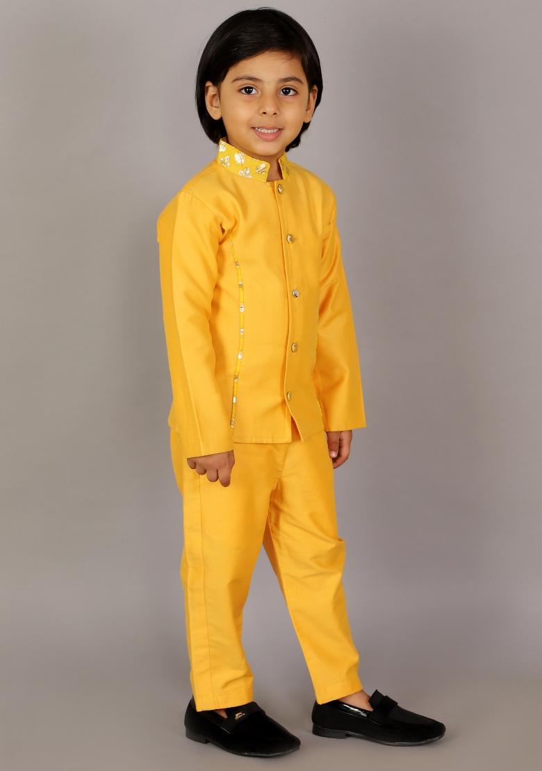 Yellow Embroidered Cotton Silk Bandhgala Sherwani For Boys