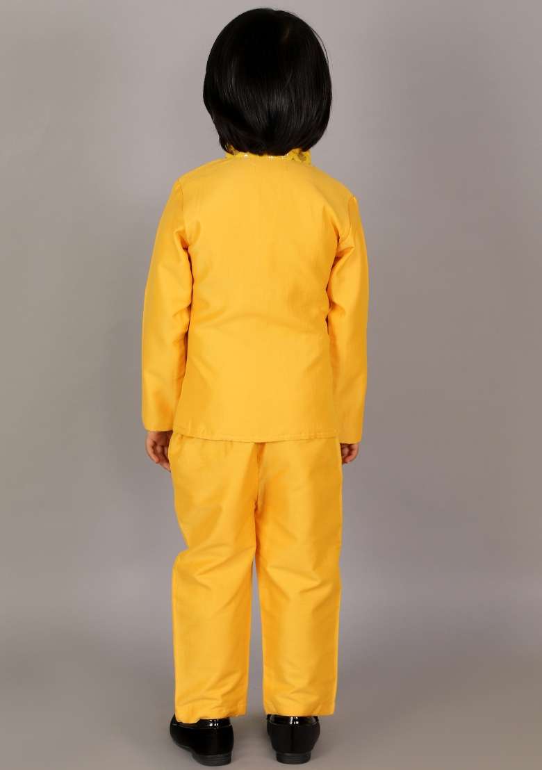 Yellow Embroidered Cotton Silk Bandhgala Sherwani For Boys - Indya