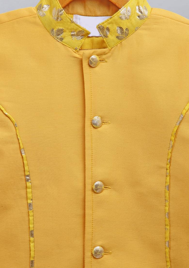 Yellow Embroidered Cotton Silk Bandhgala Sherwani For Boys