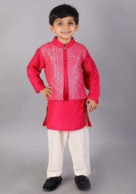 Fuschia Pink Embroidered Cotton Silk Kurta Set For Boys