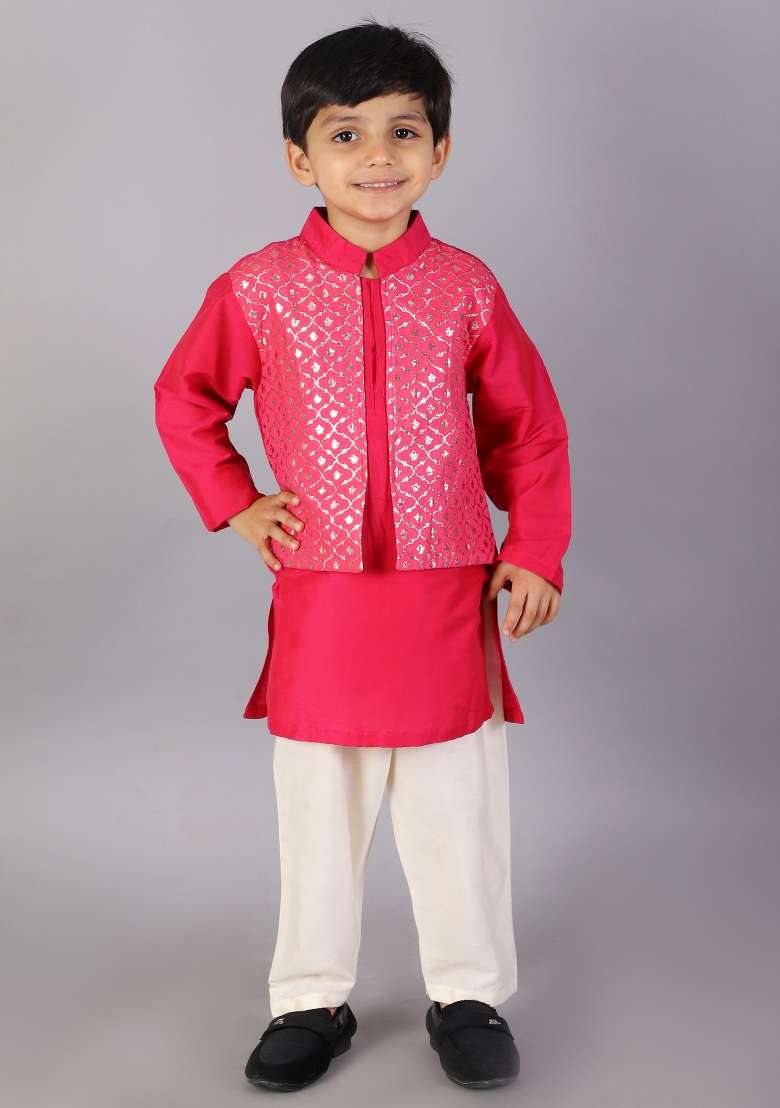 Fuschia Pink Embroidered Cotton Silk Kurta Set For Boys - Indya