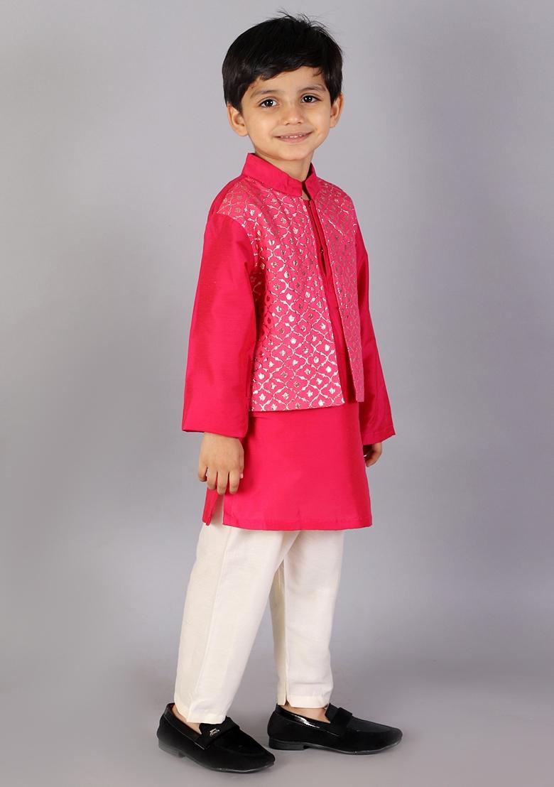 Fuschia Pink Embroidered Cotton Silk Kurta Set For Boys