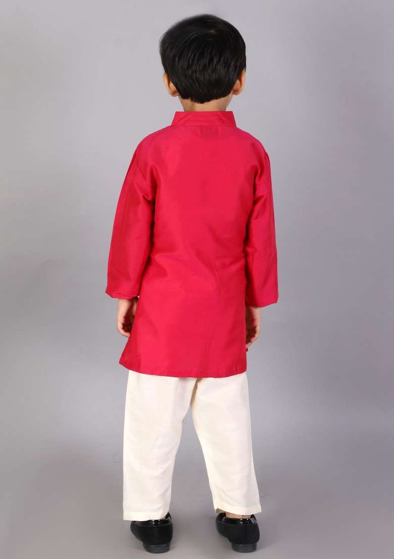 Fuschia Pink Embroidered Cotton Silk Kurta Set For Boys - Indya