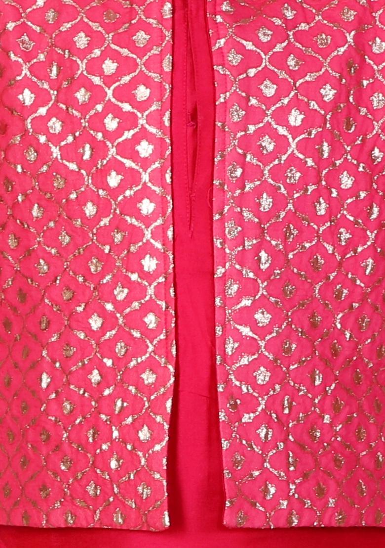 Fuschia Pink Embroidered Cotton Silk Kurta Set For Boys