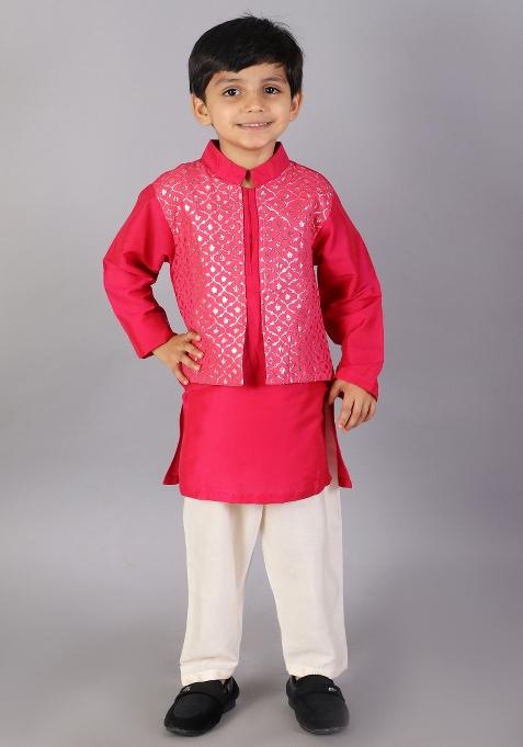 Fuschia Pink Embroidered Cotton Silk Kurta Set For Boys