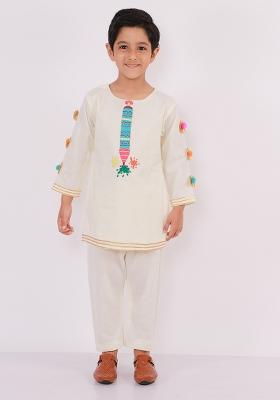 Off White Embroidered Cotton Kurta Set Holi For Boys