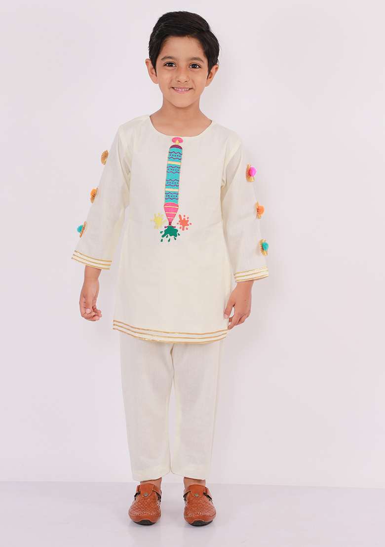 Off White Embroidered Cotton Kurta Set Holi For Boys - Indya