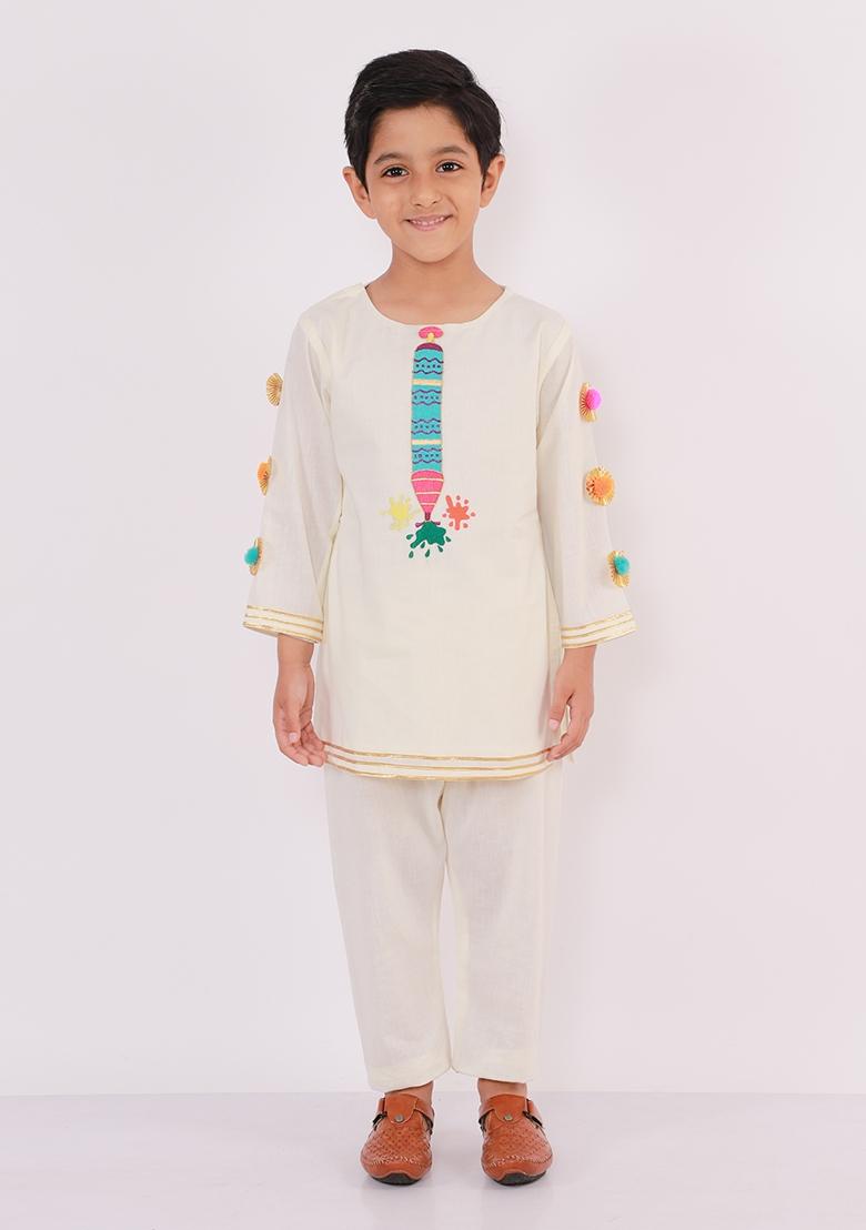 Off White Embroidered Cotton Kurta Set Holi For Boys
