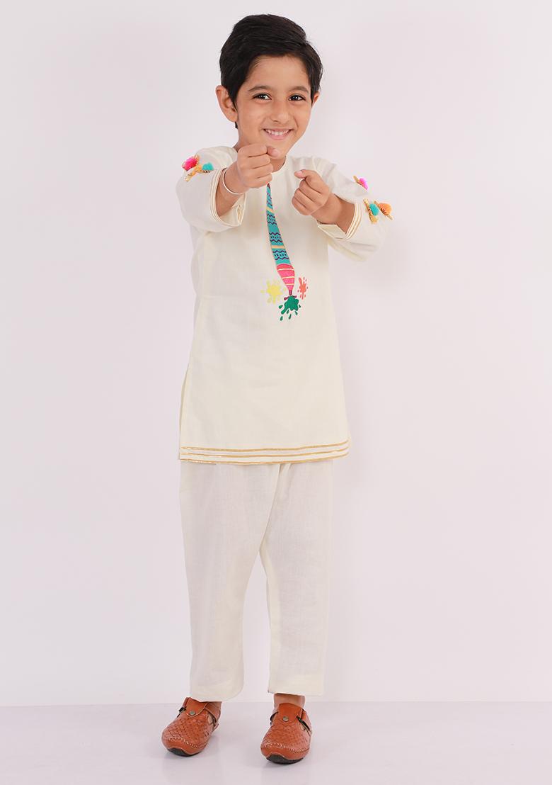 Off White Embroidered Cotton Kurta Set Holi For Boys