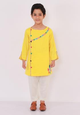 Yellow Embroidered Cotton Kurta Set Holi For Boys