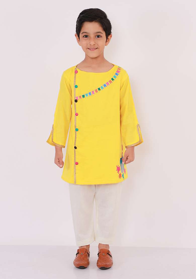 Yellow Embroidered Cotton Kurta Set Holi For Boys - Indya