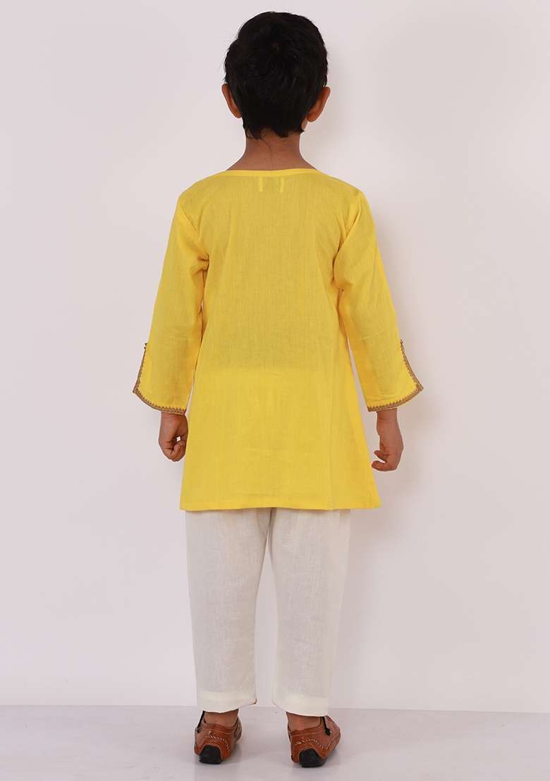 Yellow Embroidered Cotton Kurta Set Holi For Boys - Indya