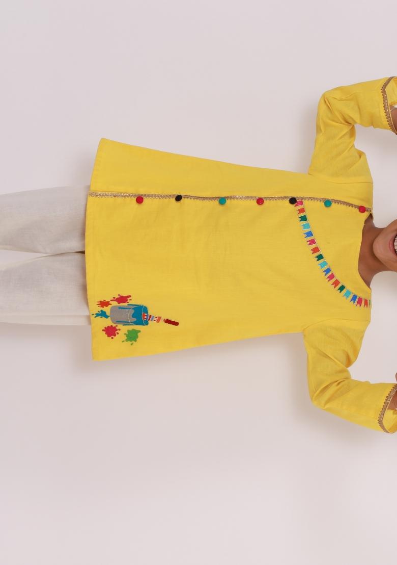 Yellow Embroidered Cotton Kurta Set Holi For Boys