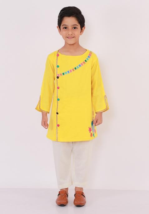Yellow Embroidered Cotton Kurta Set Holi For Boys
