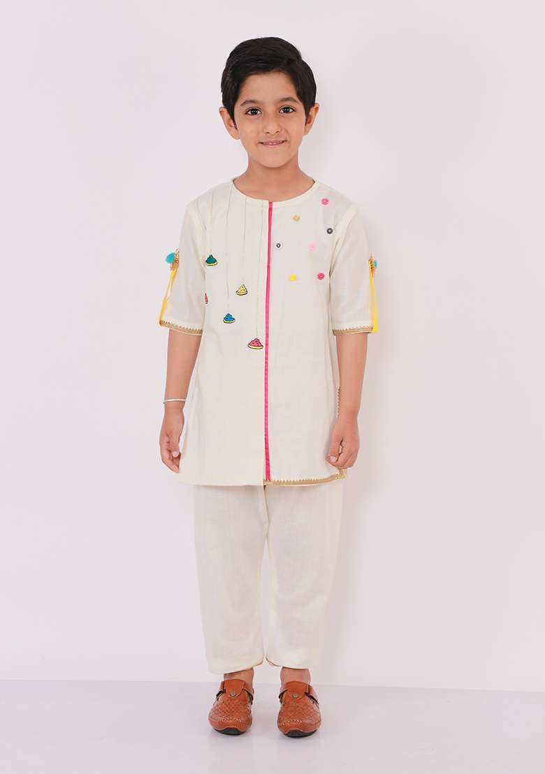 Offwhite Embroidered Cotton Kurta Set Holi For Boys - Indya