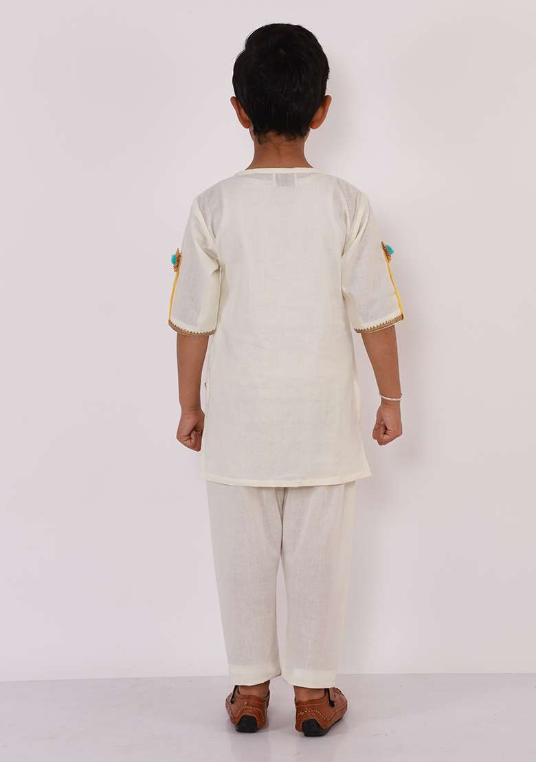 Offwhite Embroidered Cotton Kurta Set Holi For Boys - Indya