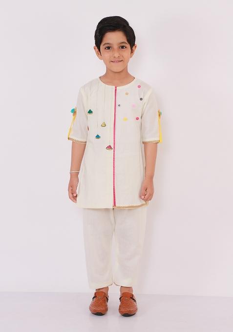 Offwhite Embroidered Cotton Kurta Set Holi For Boys